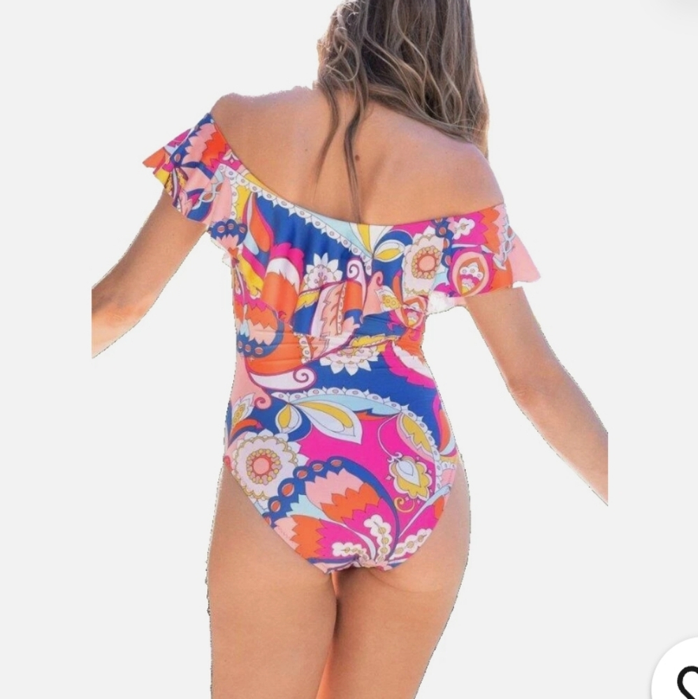 Trina Turk Sevilla Cap Sleeve Off Shoulder Ruffle One Piece Swimsuit - Picture 2 of 9